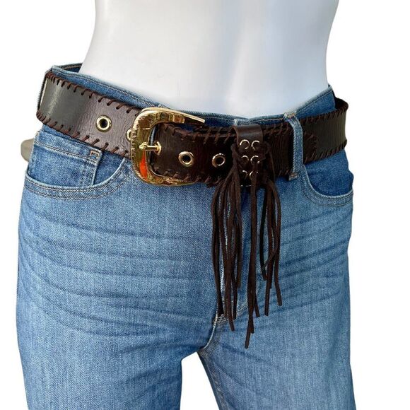 MICHAEL Michael Kors Brown Leather Whipstitch Belt with Fringe Size Small - Picture 3 of 9